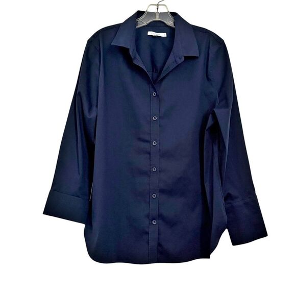 Chico’s Navy Blue Cuffed Sleeve Button Down Shirt size L (2) - Picture 1 of 8